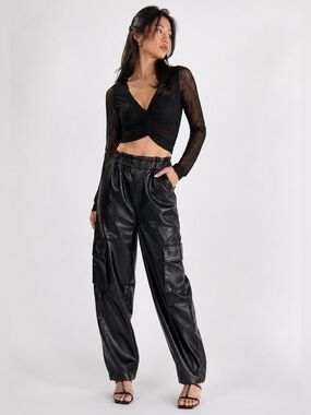 Miss Selfridge High Waisted Faux Leather Cargo Trousers Black 12